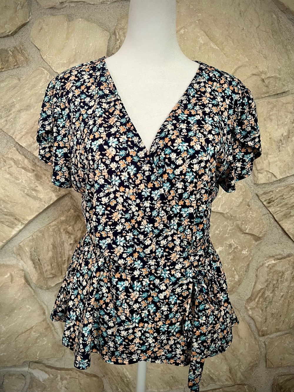 Floral Wrap Peplum Top in Black with Aqua & Peach Flowers NWOT M